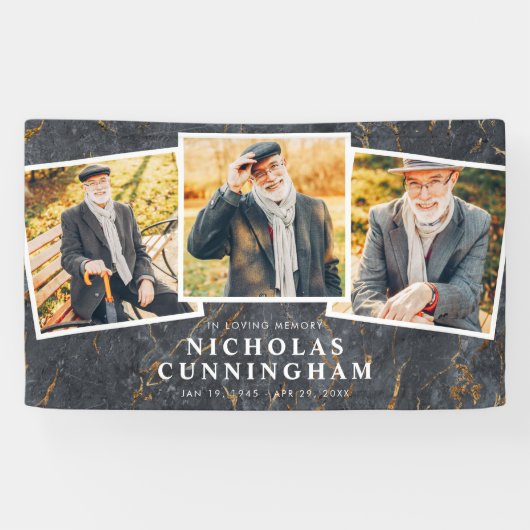 Viering van Life Modern Dark Marble Three Photo Spandoek (Horizontaal)