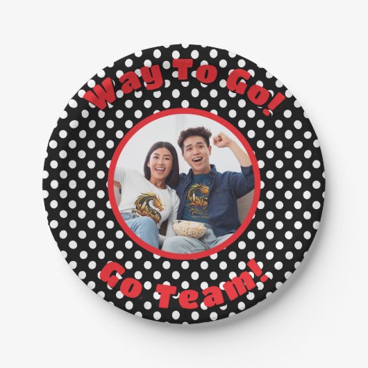 Viering Zwart/Wit Polka Dots Rood Trim Papieren Bordje (Voorkant)