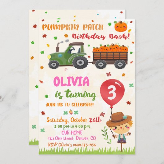 Vierjarige pompoen Herfst verjaardag uitnodiging (Voorkant / Achterkant)