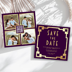 Vierkant Art Deco Frame Paars Goud QR Code Huwelij Save The Date