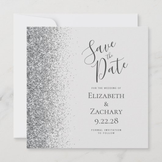 Vierkant Bord Grijs Zilver Glitter Save the Date Aankondiging (Voorkant)