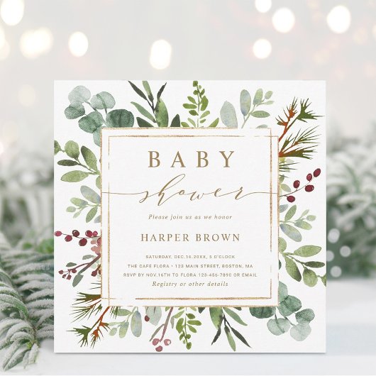 Vierkant botanische groene kerst-babyshower kaart
