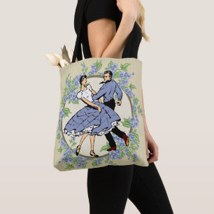 Vierkant dansen paar in blauw met bloemen draagtas
