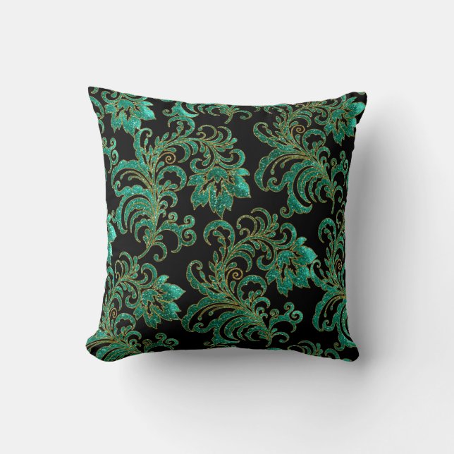 Vierkant Kussen Jade Green Brocade Black Damask (Voorkant)