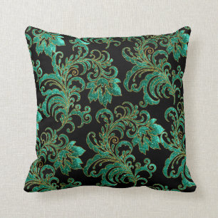 Vierkant Kussen Jade Green Brocade Black Damask