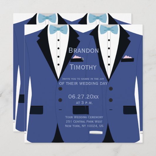 Vierkant licht blauw en wit gay bruiloft uitnodigi kaart (Voorkant / Achterkant)