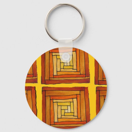 vierkant retro art deco bruin patroon sleutelhanger (Voorkant)