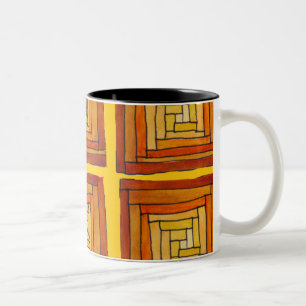 vierkant retro art deco bruin patroon tweekleurige koffiemok