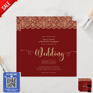 VIERKANT ROOD Goud Kant Bruiloft Print of DOWNLOAD Kaart