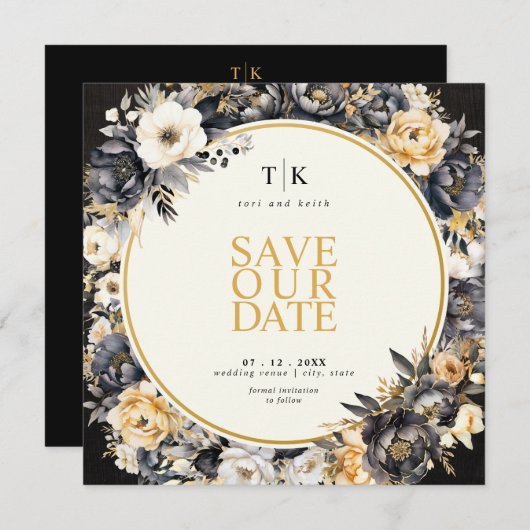 Vierkant Zwart & Wit met Goud Moody Save The Date (Voorkant / Achterkant)