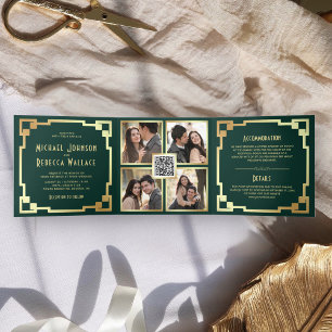 Vierkante Art Deco Frame Smaragd Goud QR Code Trou Drieluik Uitnodiging