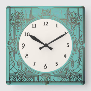 Vierkante Art Deco Klok in Aqua Turquoise Blauwgro