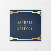 Vierkante Art Deco Lijst Navy Gold QR Code Bruilof Drieluik Uitnodiging (Cover)
