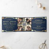 Vierkante Art Deco Lijst Navy Gold QR Code Bruilof Drieluik Uitnodiging (Binnen)
