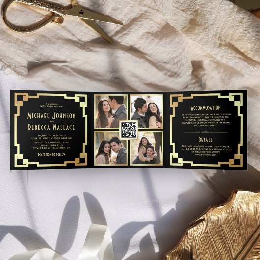 Vierkante Art Deco Lijst Zwart Goud QR Code Bruilo Drieluik Uitnodiging