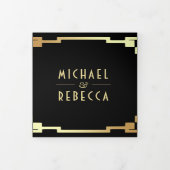 Vierkante Art Deco Lijst Zwart Goud QR Code Bruilo Drieluik Uitnodiging (Cover)