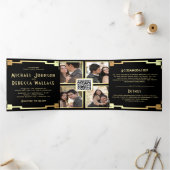 Vierkante Art Deco Lijst Zwart Goud QR Code Bruilo Drieluik Uitnodiging (Binnen)