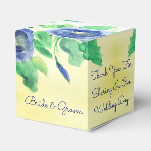 Vierkante Blauwe Aquarel Roos Bruiloft Bedankdoosjes (Achterkant)