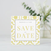 Vierkante Buttery Geel Damask Wedding Save Datum The Date (Staand voorkant)