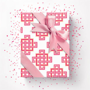 Vierkante Eindeloze Knoop in Roze en Oranje Cadeaupapier