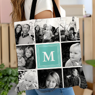 Vierkante Fotocollage Teal Met Monogram Op Maat Draagtas