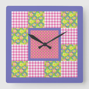 Vierkante klok: Roze: Primroses, Polka Dots, Gingh Klok