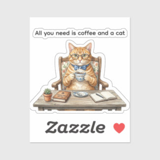 Vierkante Stickers Oranje Tabby Kat Drinkt Koffie