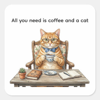 Vierkante Stickers Oranje Tabby Kat Drinkt Koffie