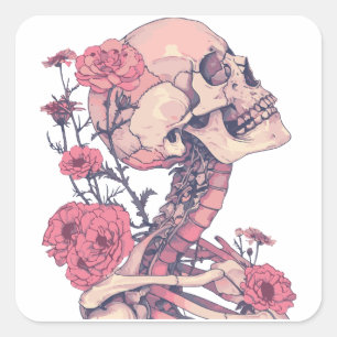 Vierkante Stickers. Skelet met bloemen. Roze kleur Sticker