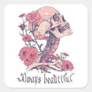 Vierkante Stickers. Skelet met bloemen. Roze kleur Sticker