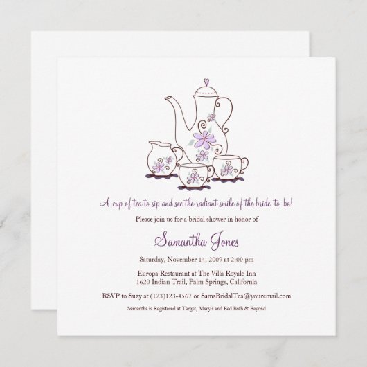 Vierkante tea set Bridal Shower-uitnodigingen Kaart (Voorkant / Achterkant)