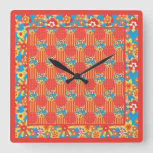 Vierkante wandklok, Ditzy Sinaasappel bloemenlap Klok