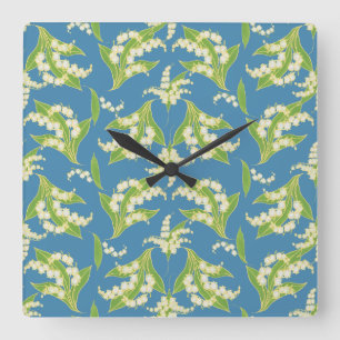Vierkante wandklok: Lelies van de vallei op blauw Klok