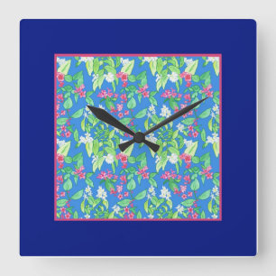  vierkante wandklok, lentesbloesems, blauw klok