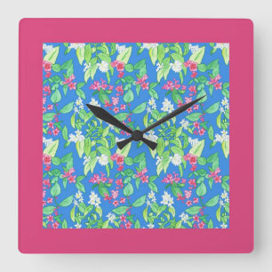 vierkante wandklok, lentesbloesems, roze klok