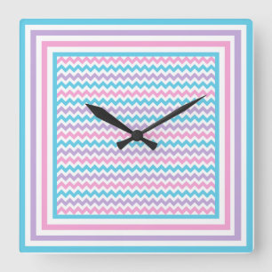 Vierkante wandklok, roze, mauve, turquoise chevron klok