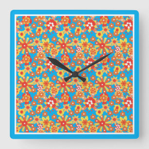 Vierkante wandklok, Sinaasappels bloemen, blauwe r Klok