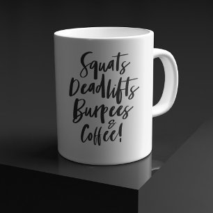 Vierkantjes, doden, Burpees en koffie! Zwart scrip Koffiemok