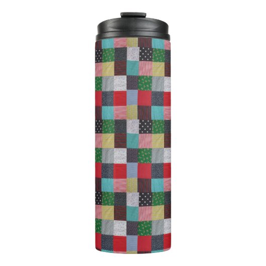 vierkantjes kleurrijke  textiel thermosbeker (Voorkant)