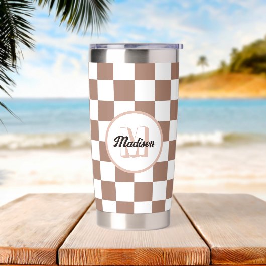 Vierkantjes mocha bruin wit retro Monogram Geïsoleerde Drinkbeker (Strand)
