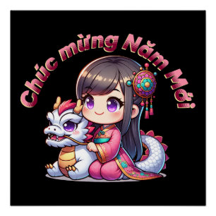 Vietnamees Nieuwjaar Meisje & Draak Perfect Poster