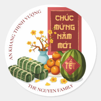 Vietnamees Tet-kunst met symbolische vruchten en b Ronde Sticker