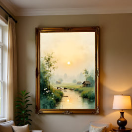 Vietnamese Morning Mist Village Watercolor Art Canvas Afdruk