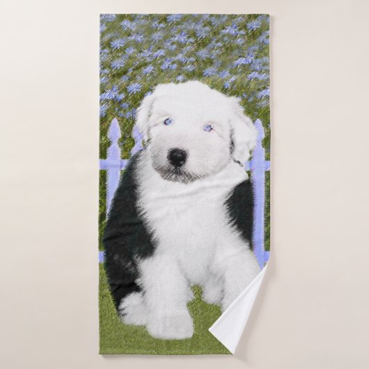 Vieux anglais Sheepdog Puppy Peinture - Chien Art (Serviette de bain)