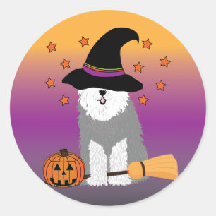 Vieux autocollants anglais de sorcière de chien d