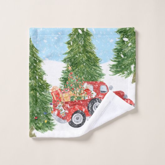 Vieux camion pick-up rouge passant par la neige (Gant de toilette)