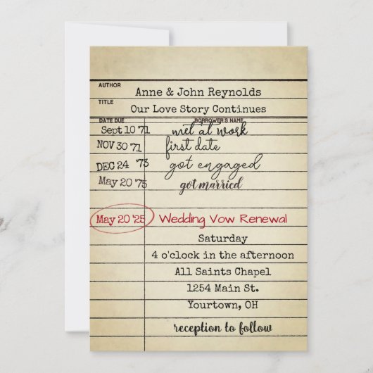 Vieux Mariage de carte de bibliothèque Renouvellem (Devant)