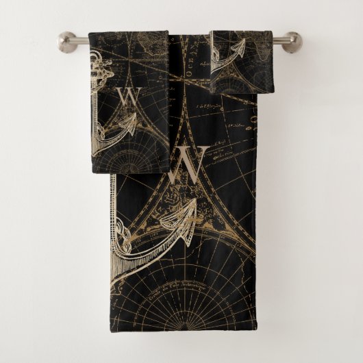 Vieux Monde Voyage Ancre nautique Monogramme Noir (En situation)