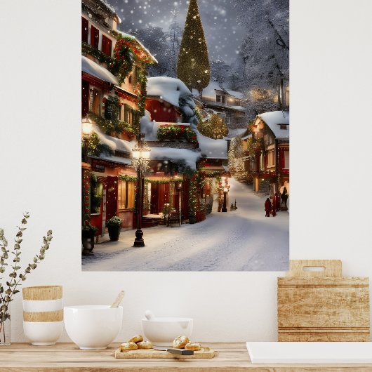 Vieux village en hiver neige Poster de Noël (Cuisine)