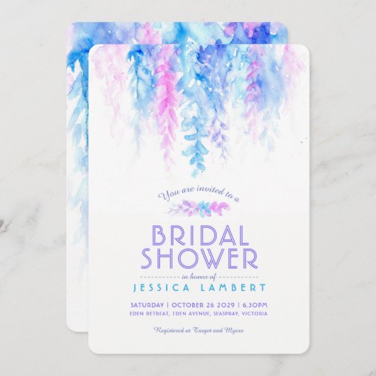 Vigne d'aquarelle bleu violet invitations de douch (Devant / Derrière)